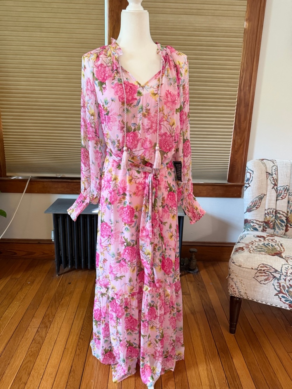 Pink Floral Maxi Dress with Tie Waist
